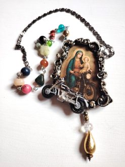 Holy Pop Jewelry, Ironic Vibes Religious Baroque Style, Orthodoxe Icon Necklace, Madonna with Child Motocycle Pendant