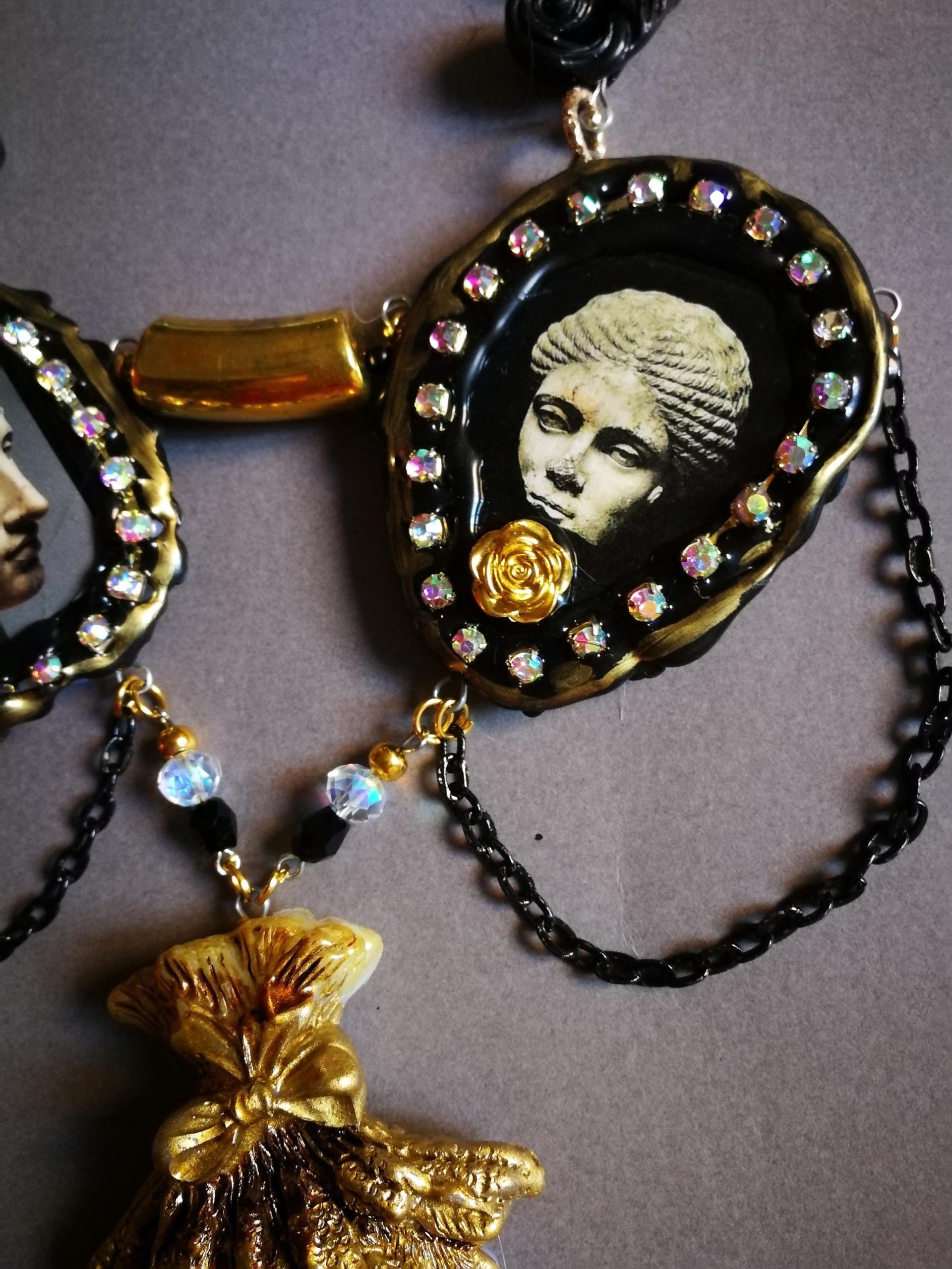 Greek Statue, Baroque Sicilian Massive Necklace, Rococo Pendant Assemblage, Luxury Jewelry Greece Antique