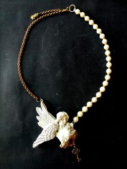 Guardian Angel Pendant, Statement Necklace Jewelry, Baroque Celestial Cherubim Seraphim, Pearl Charm Antique Statue