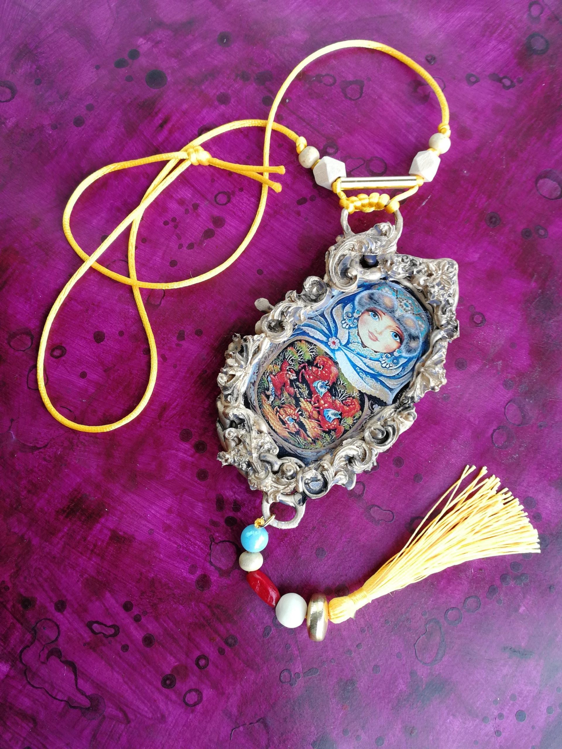 Matryoshka Dolls, Polymer Clay Sculpture Jewelry, Traditional Folk Regional Necklace, Russian Folkloric Pendant Charm