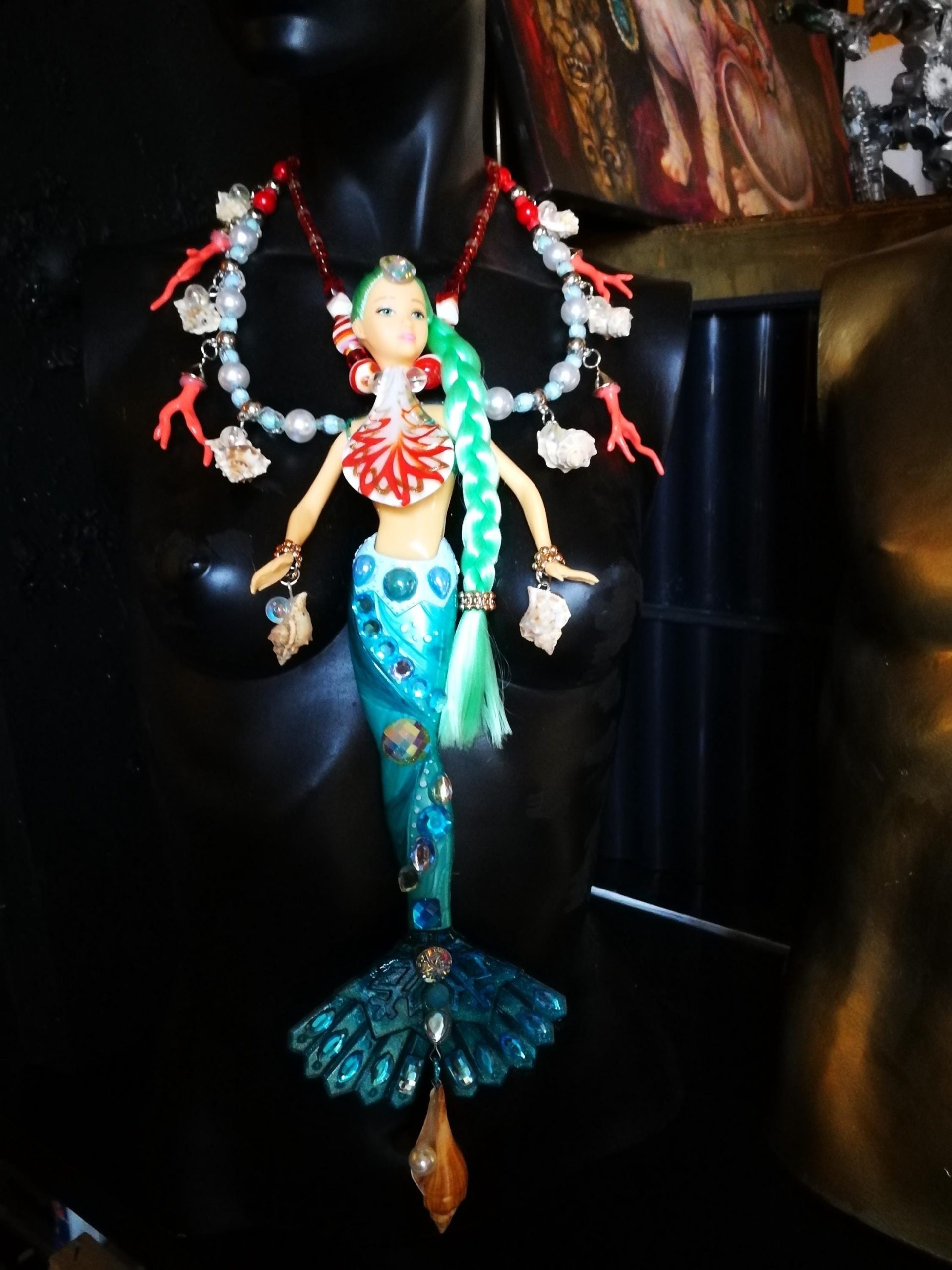 Siren Mermaid, Extravagant Jewelry Futuristic Doll Fish, Bib Pendant Seashell Conch Shell Coral Charm