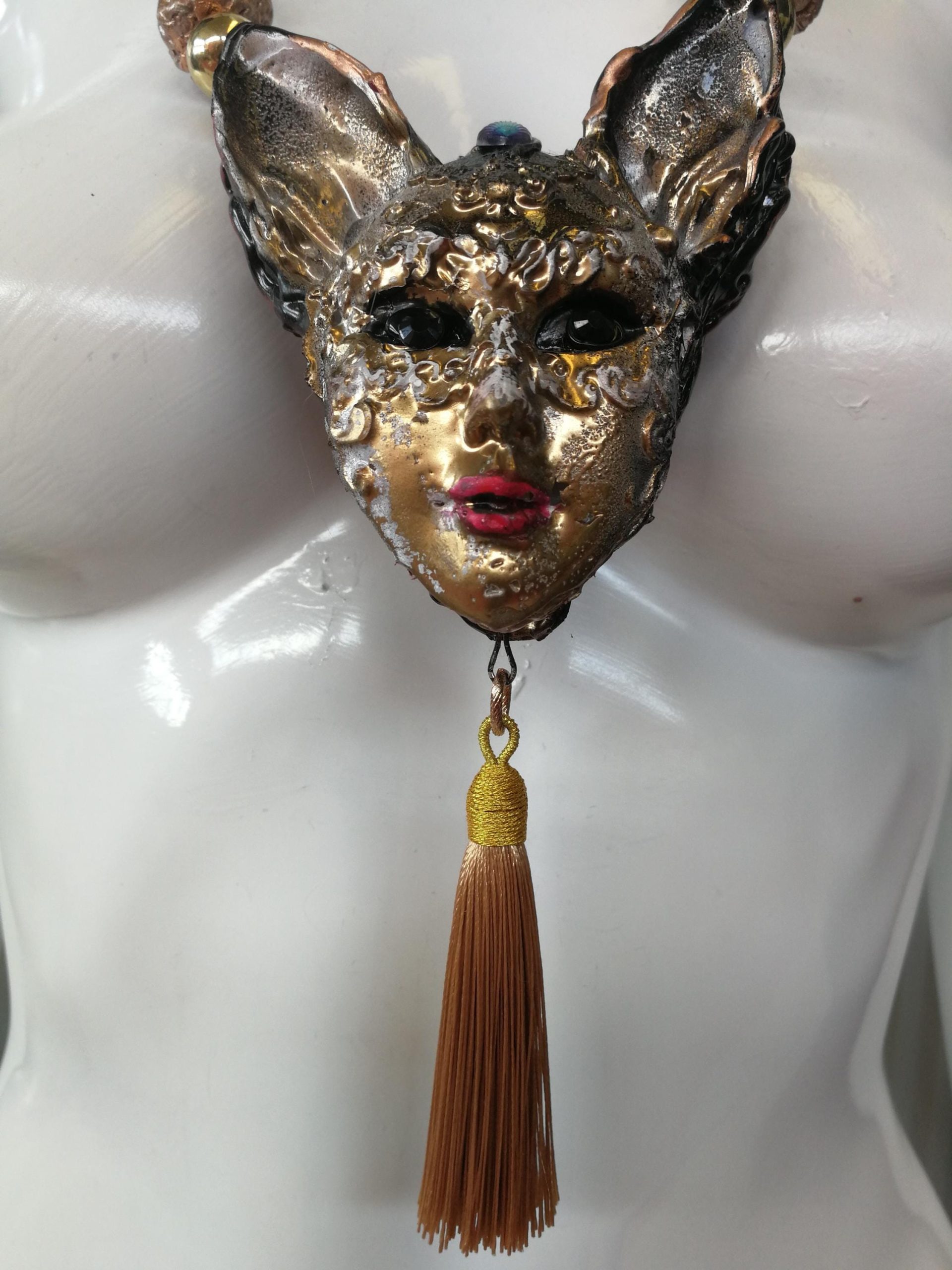 Venetian Mask Costume Jewelry, Cat Pendant Theatre Eye Mask, Luxury Charm Statement Sculptural Necklace