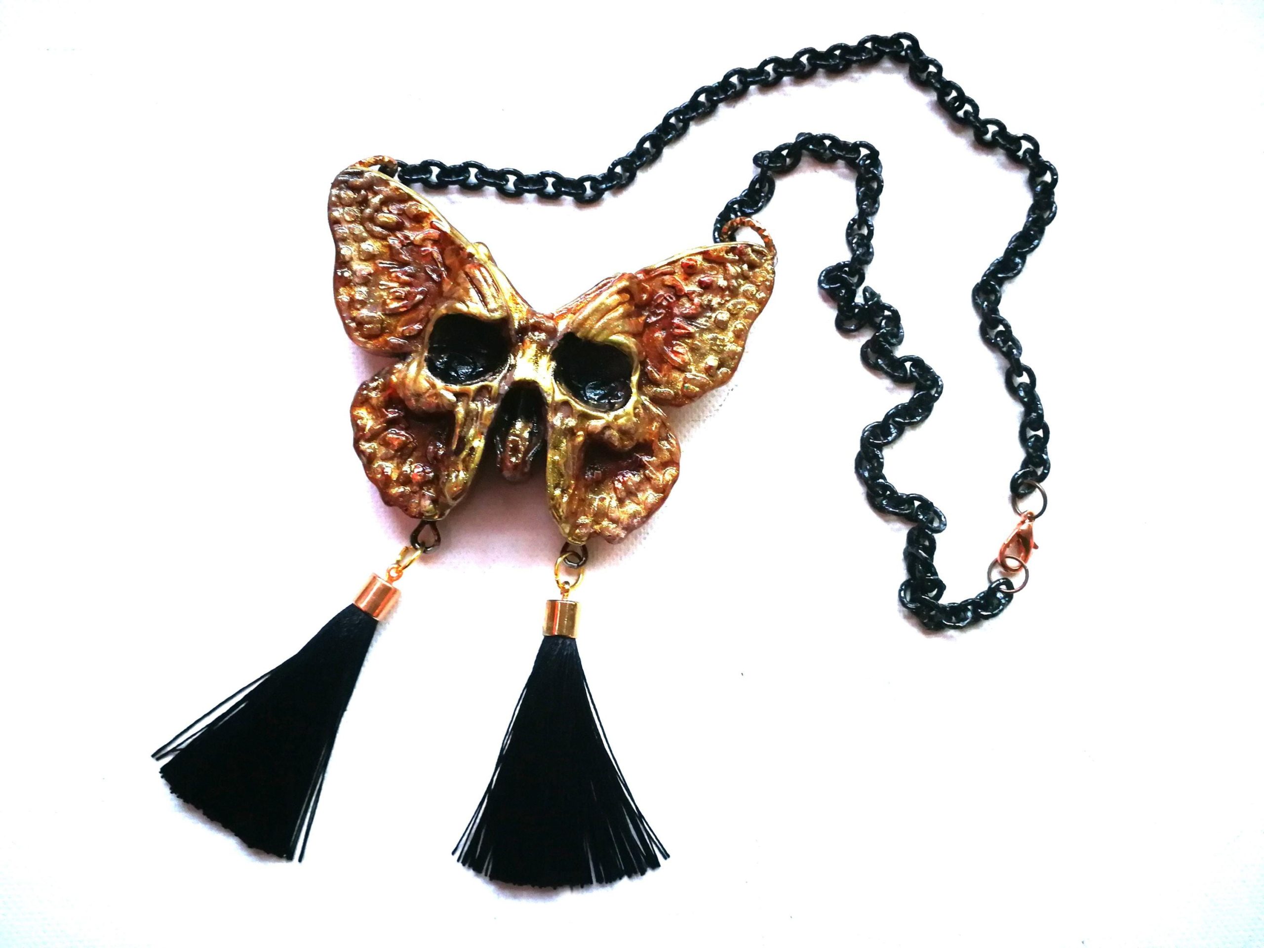 Sugar Skull Butterfly Necklace, Statement Luna Moth Gothic Tassel Bib, Macabre Jewelry Luxury Oddities