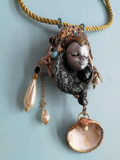Belle Epoque Jewelry, Liberty Doll & Moon Sculpture Pendant Statement Golden Age Pearl Shell Charm