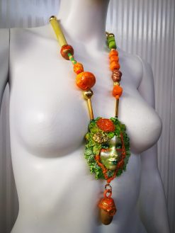 Handmade Forest Spirit Necklace, Green Witch Beaded Charm