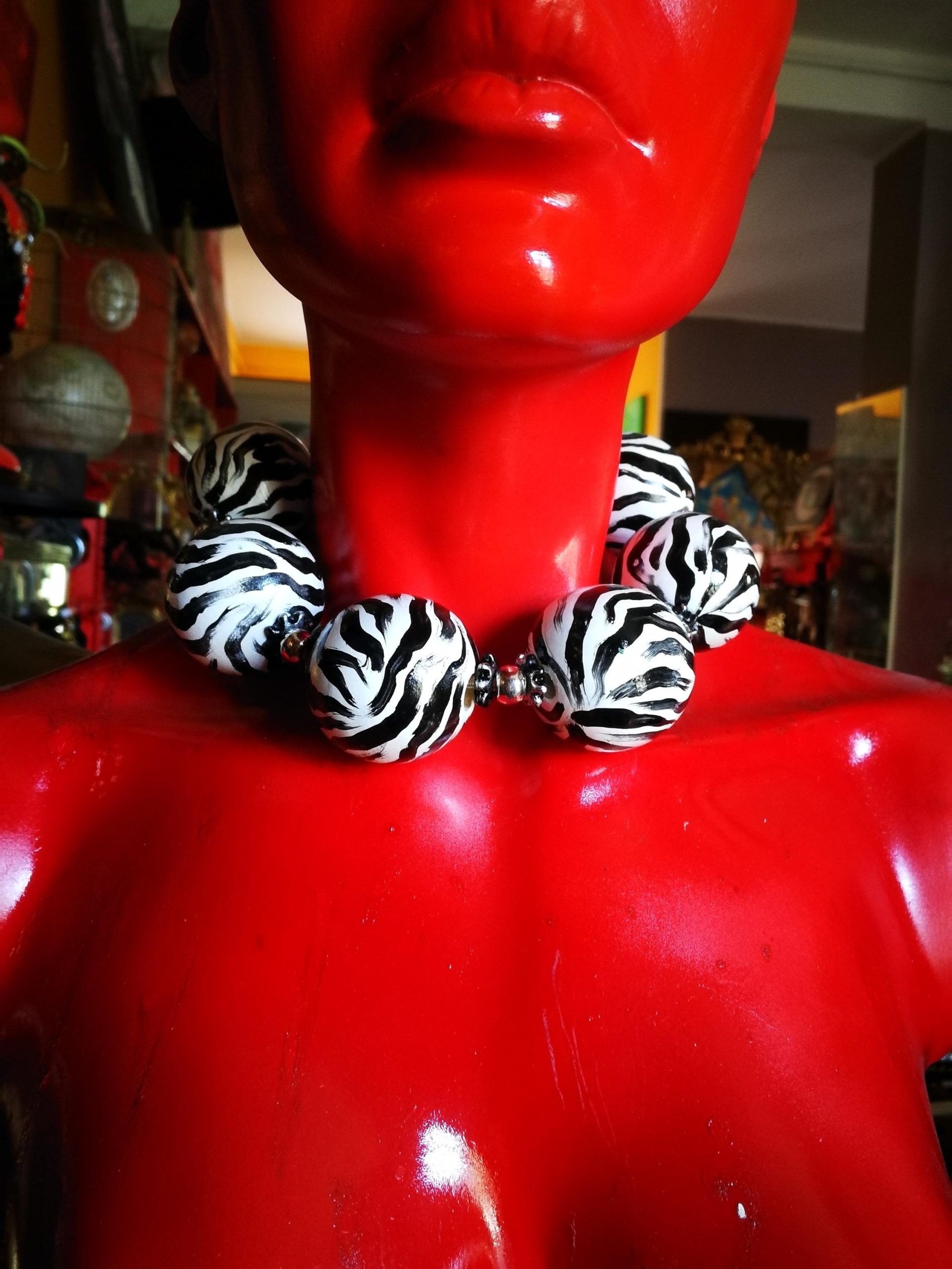 Oversize Beaded Necklace, Hand Painted Zebra Black & White Statement OOAK Couture Jewelry Sculptured Wild