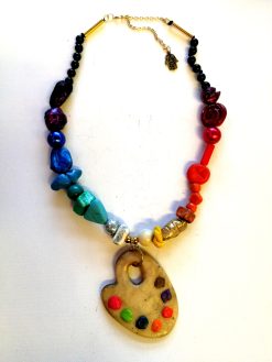Artist Palette Pendant, Woman Painter Statement Jewelry, Beaded Handmade Sculpture Big Bold Chunky Necklace
