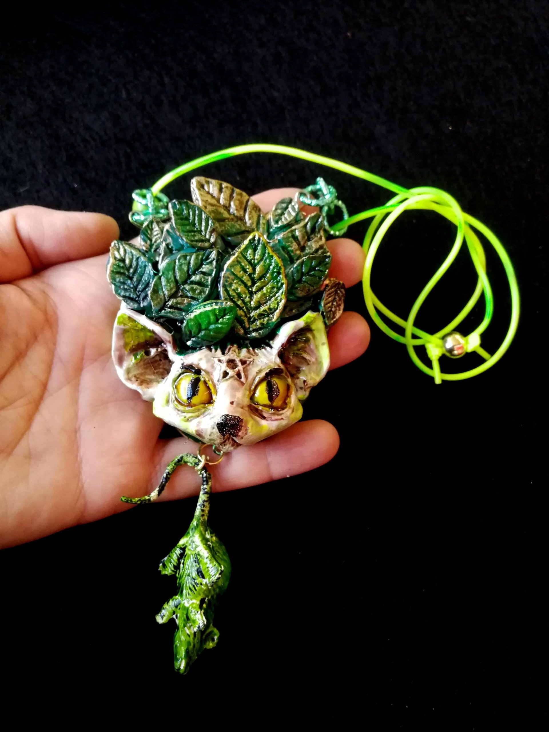 Statement Necklace - Animal Pendant Luxury Art Jewelry - Wild Cat Memorial Totem Sculptural Beaded Design