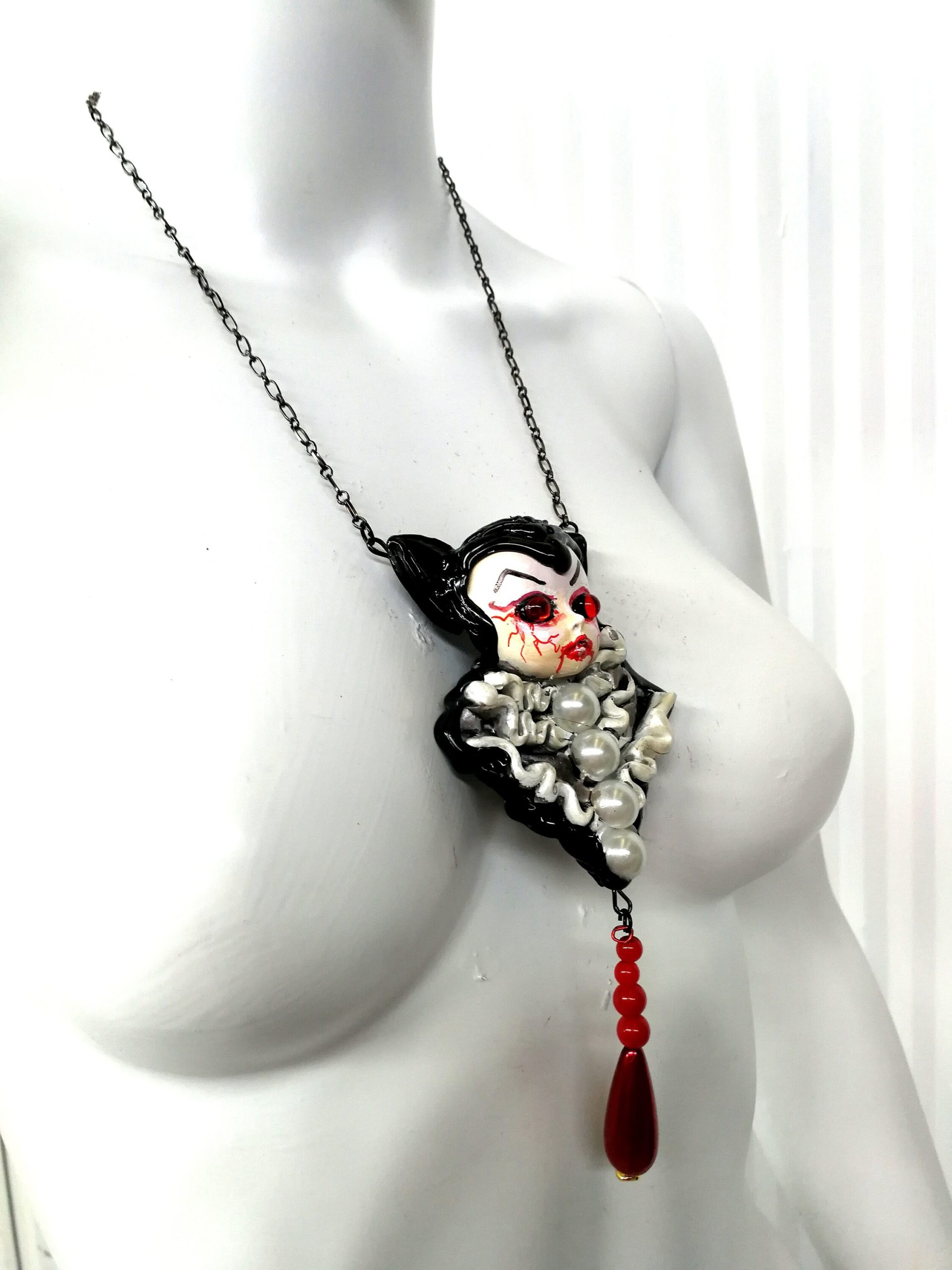 Bat Vampire Doll Pendant, Dracula Transilvania Gothic Jewel, Locket Medallion Charm, Jewelry Sculpture Necklace