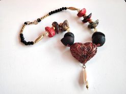 Sacred Heart, Burning Flame Ladies Jewel Chunky Natural Beaded Jewelry, Baroque Pendant Charm Collar