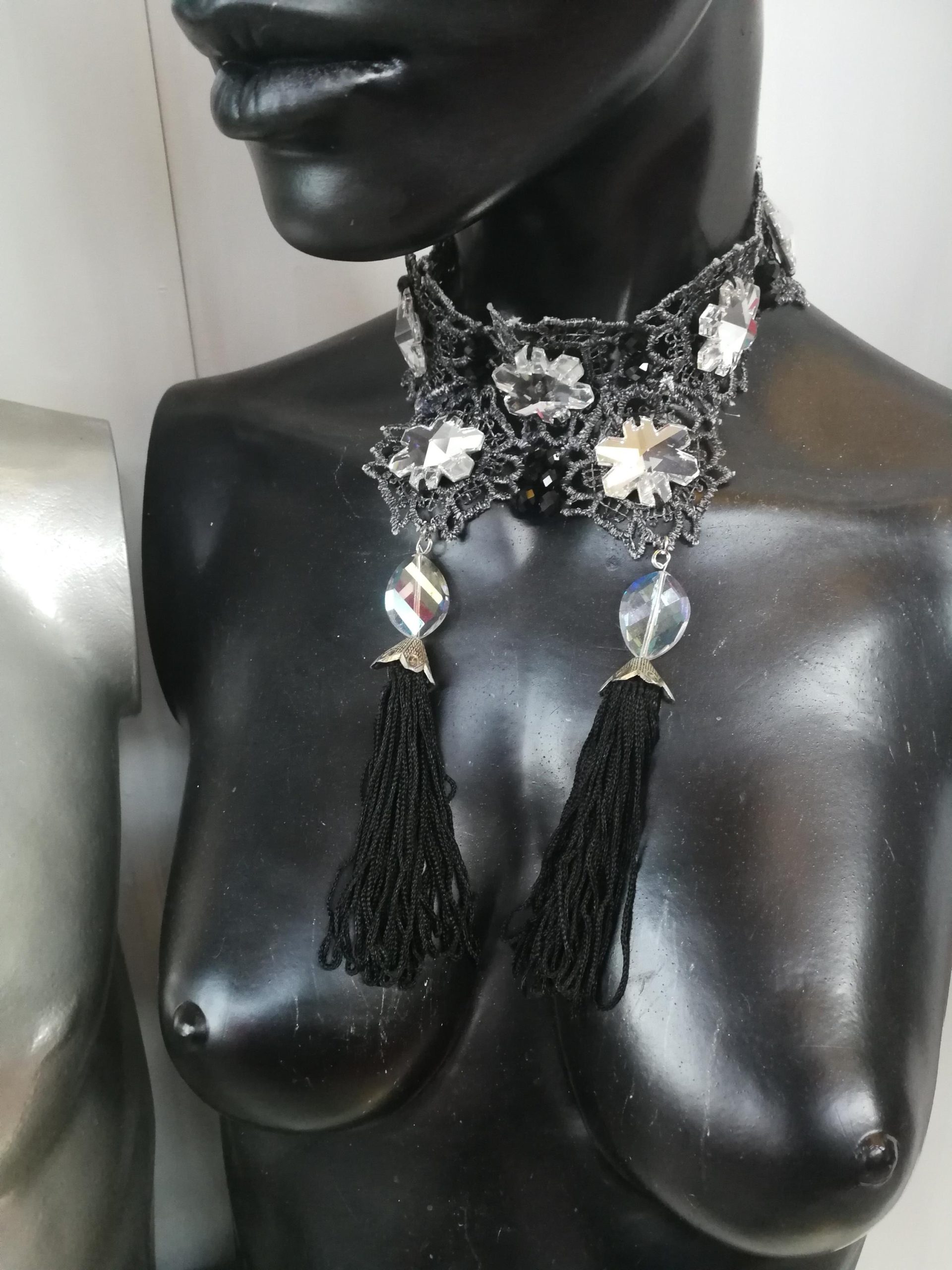 Maie Antoniette Collar, Strass Choker Jewelry, Embroidered Lace Crystal Bib, Victorian Baroque Necklace Tassel Charm