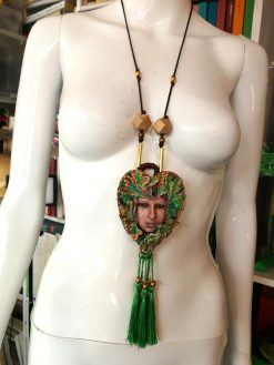 Designer Jewelry, Chunky Pendant Forest Spirit Guide, Green Elf Little People Chunky Necklace Charm