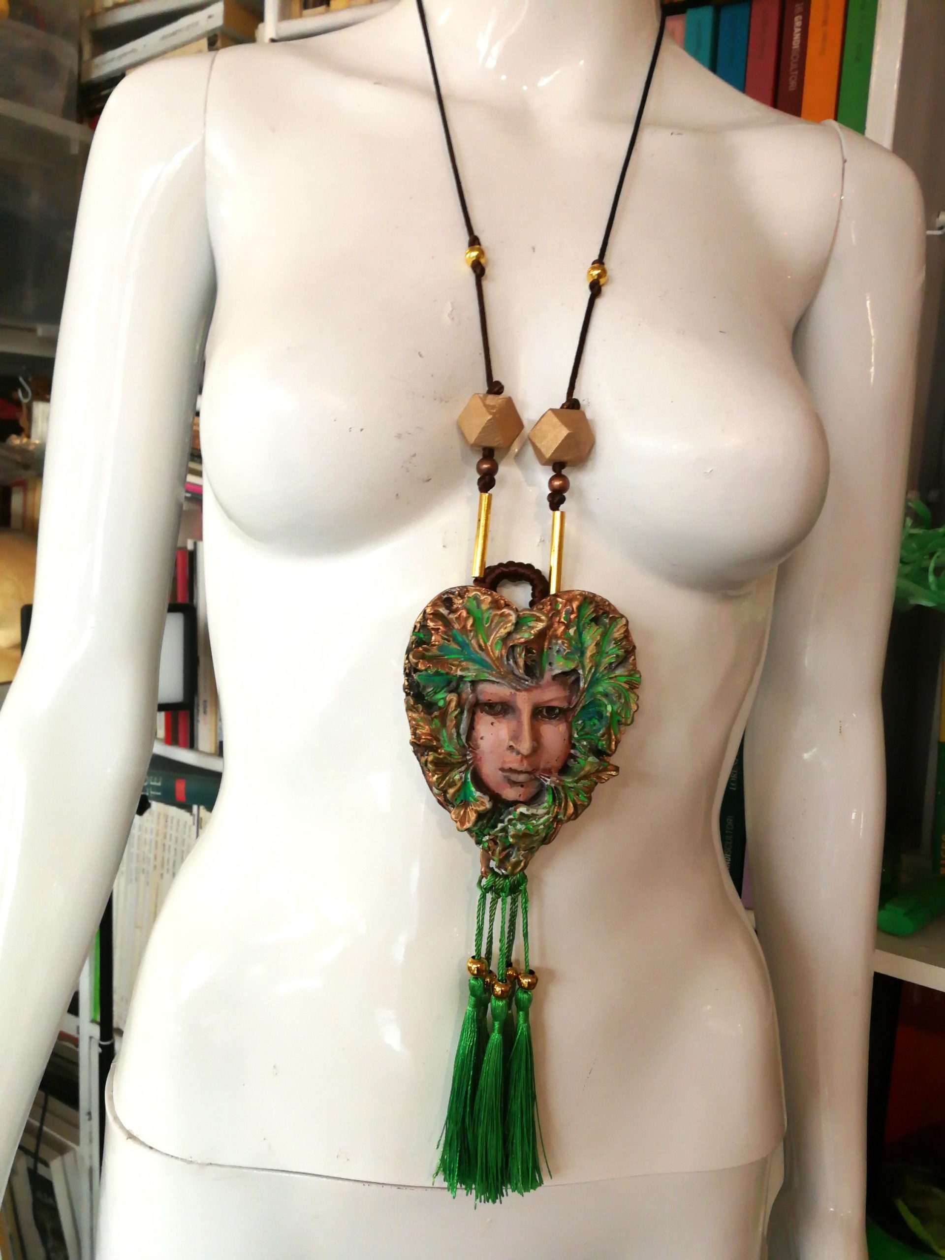 Designer Jewelry, Chunky Pendant Forest Spirit Guide, Green Elf Little People Chunky Necklace Charm