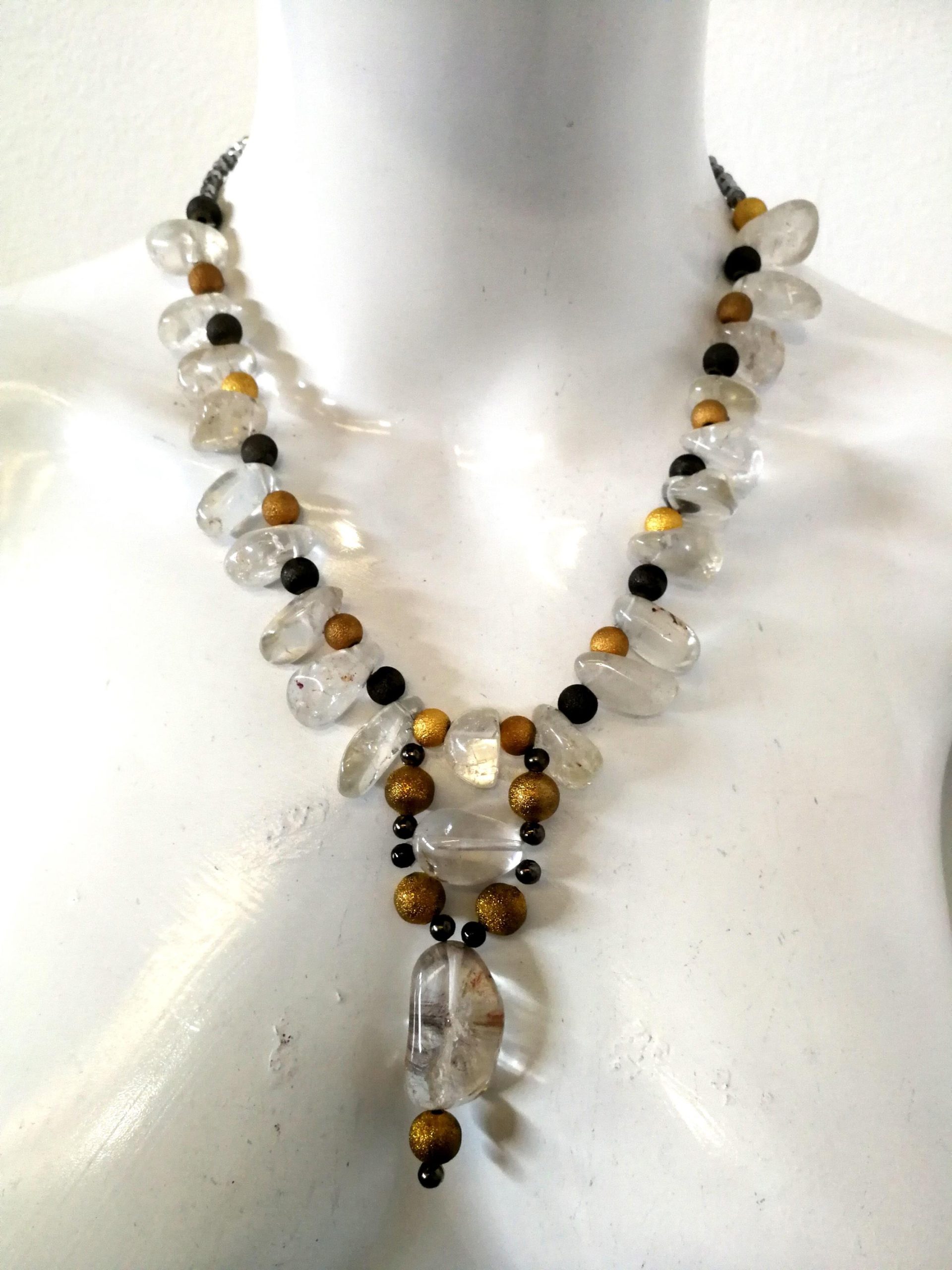 Quartz Necklace, Statement Chunky Jewelry, Clear Crystal Large Natural Stone, Gold Beaded Chain Designer