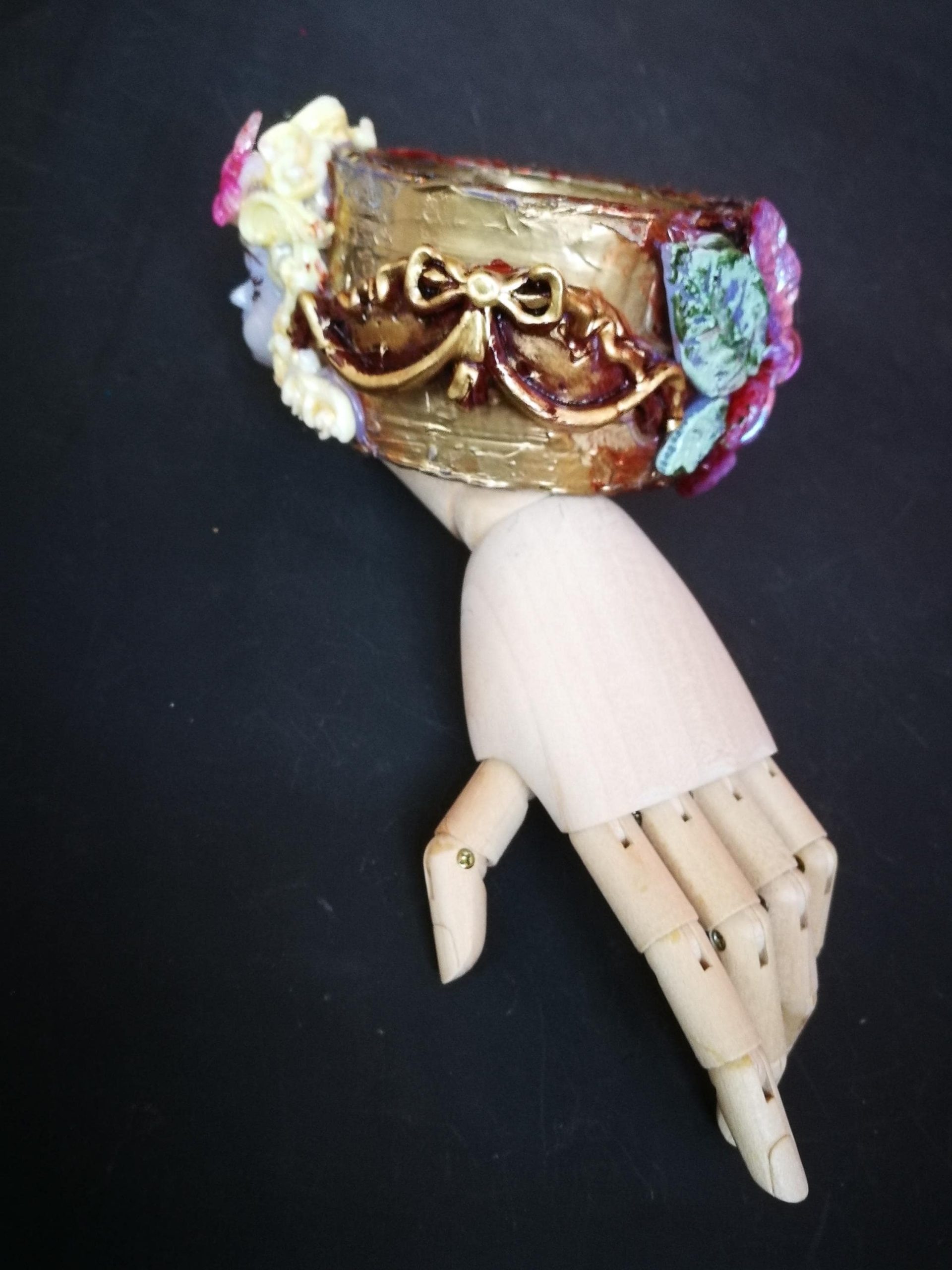 Flower Bracelet, Cuff Female Bangle Sculptural Doll Head Jewelry, Statement Luxury Brand Butterfly Baroque