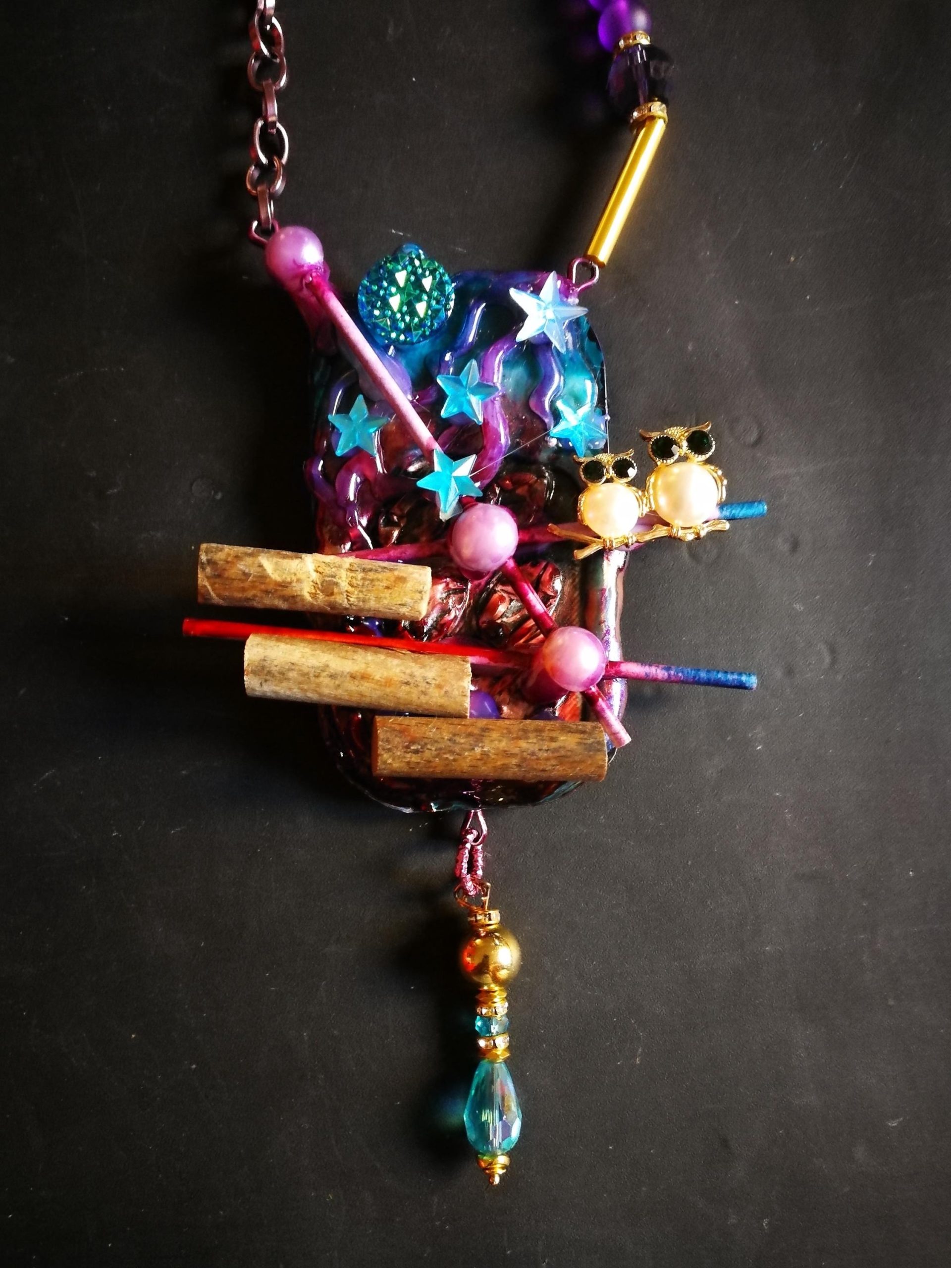 Vintage Owl Assemblage Necklace, Bakelite Celluloid Charm, Italian Couture