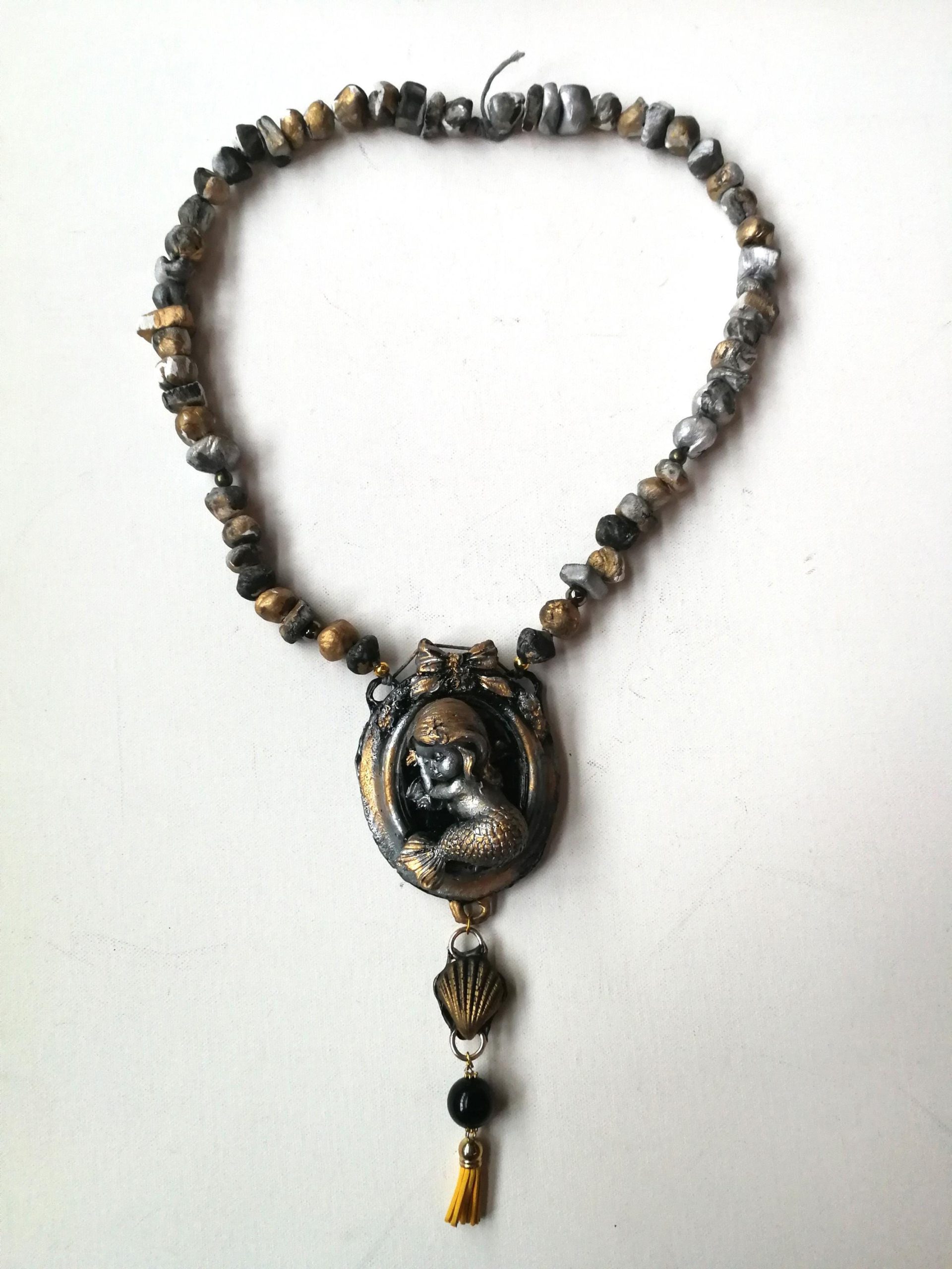 Handmade Sleeping Mermaid Pendant Necklace, Chunky Beaded Jewelry