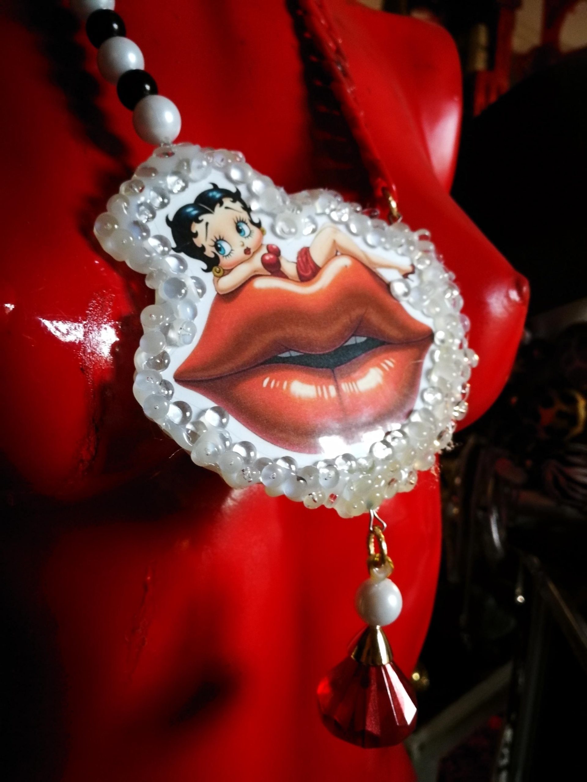 Betty Boop Figurine Whimsical Statement Necklace, OOAK Kiss & Lips Jewelry Old Hollywood Femme Fatale
