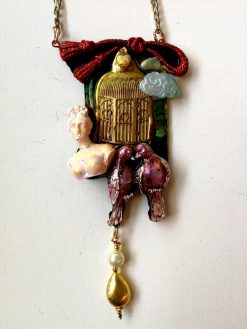 Doll Head Bird Cage Pendant, Art Deco Golden Pearl Charm