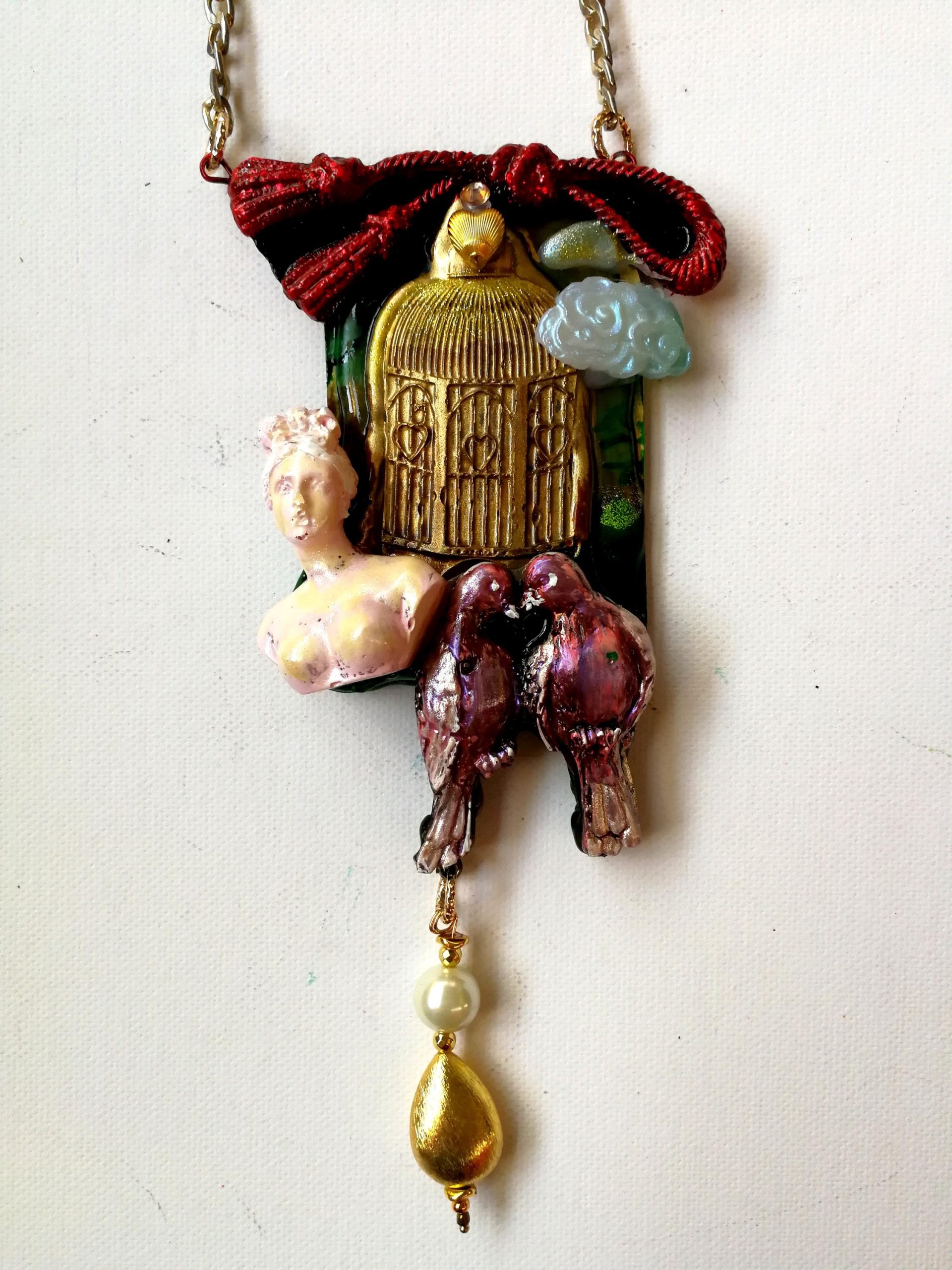 Doll Head Bird Cage Pendant, Art Deco Golden Pearl Charm