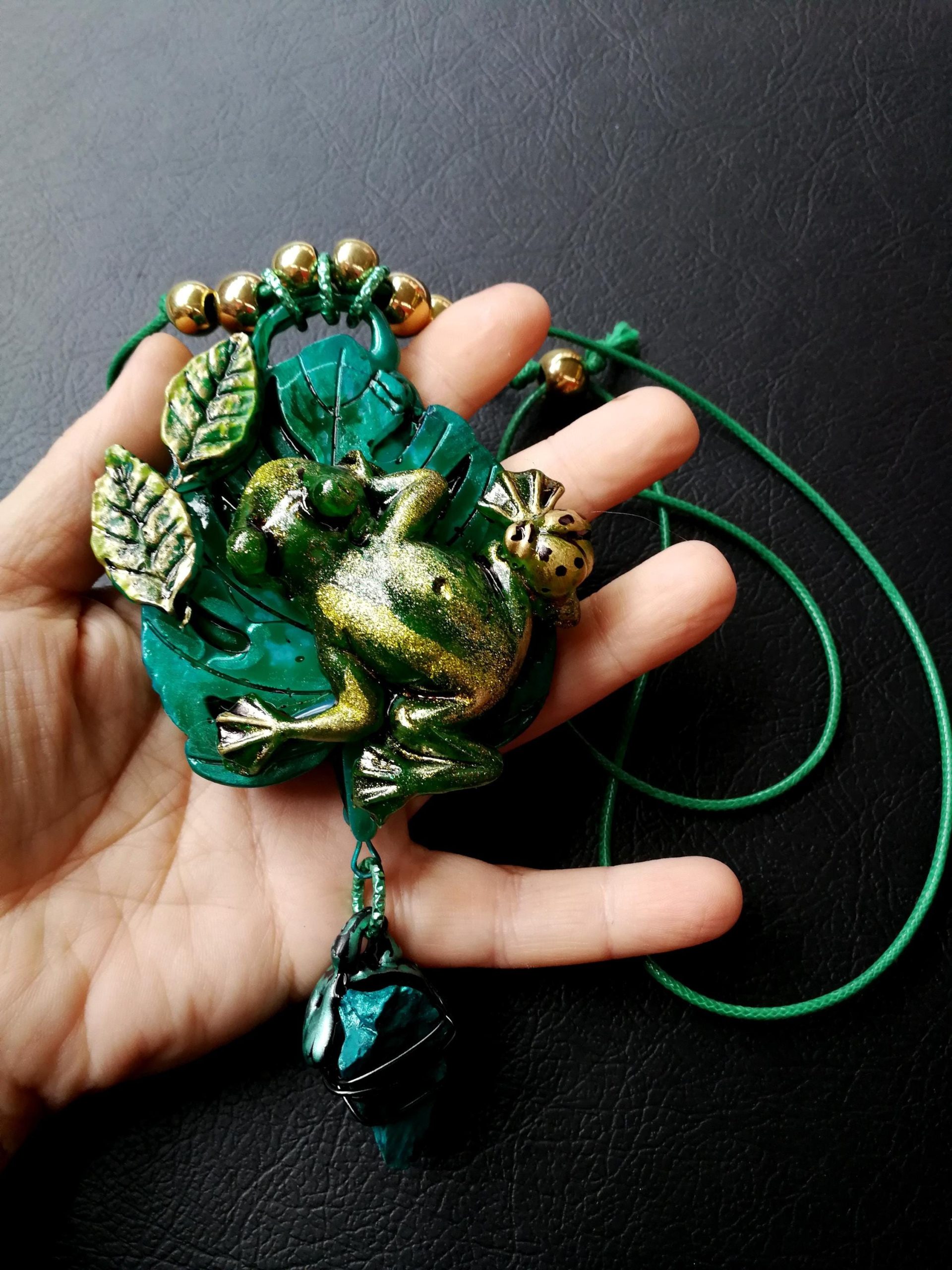 Witch Familiar Frog Necklace, Polymer Clay Amulet, Spirit Guide Jewelry
