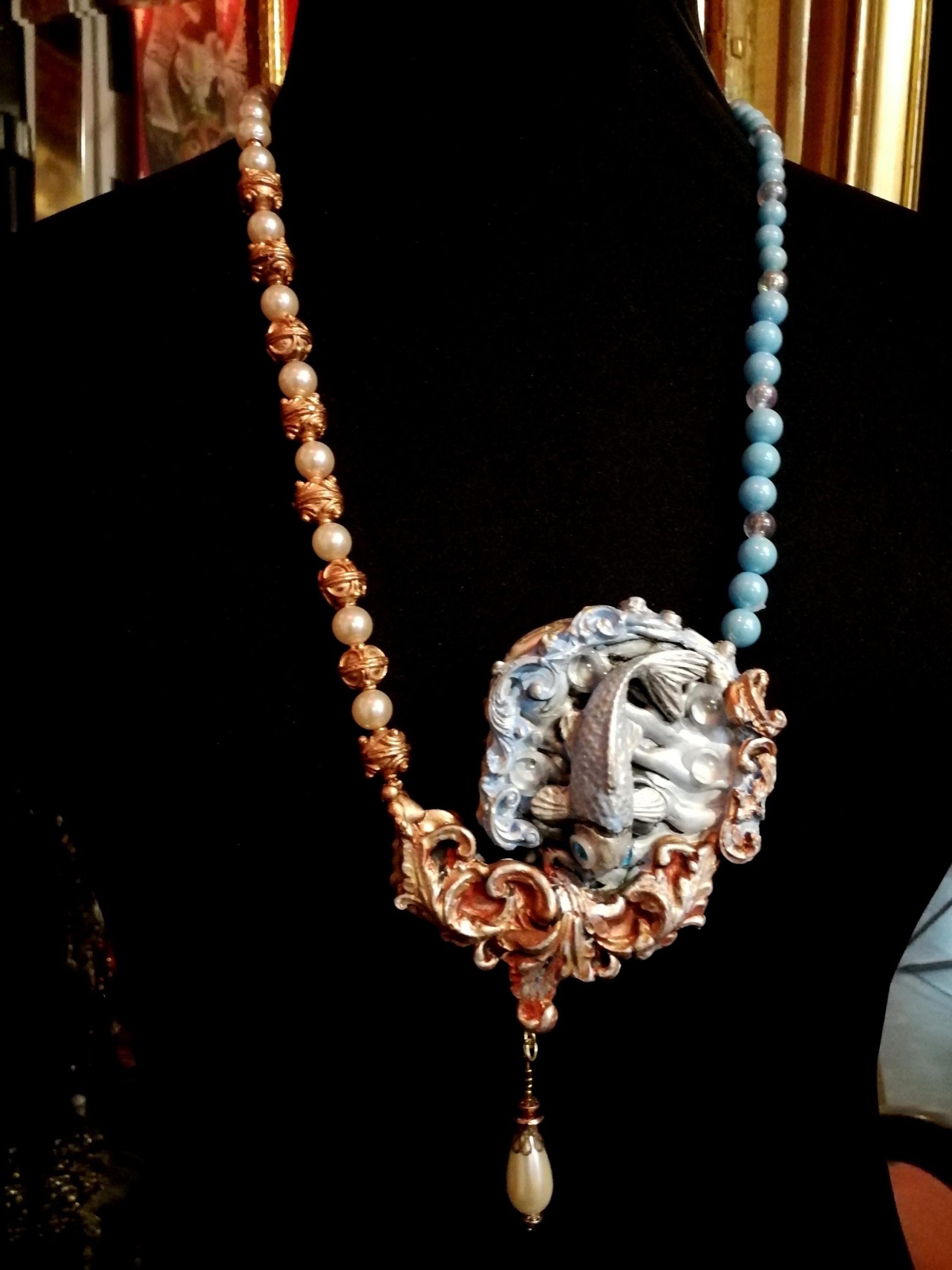 Art Deco Koi Fish Pearl Necklace, Handmade Sea Life Amulet