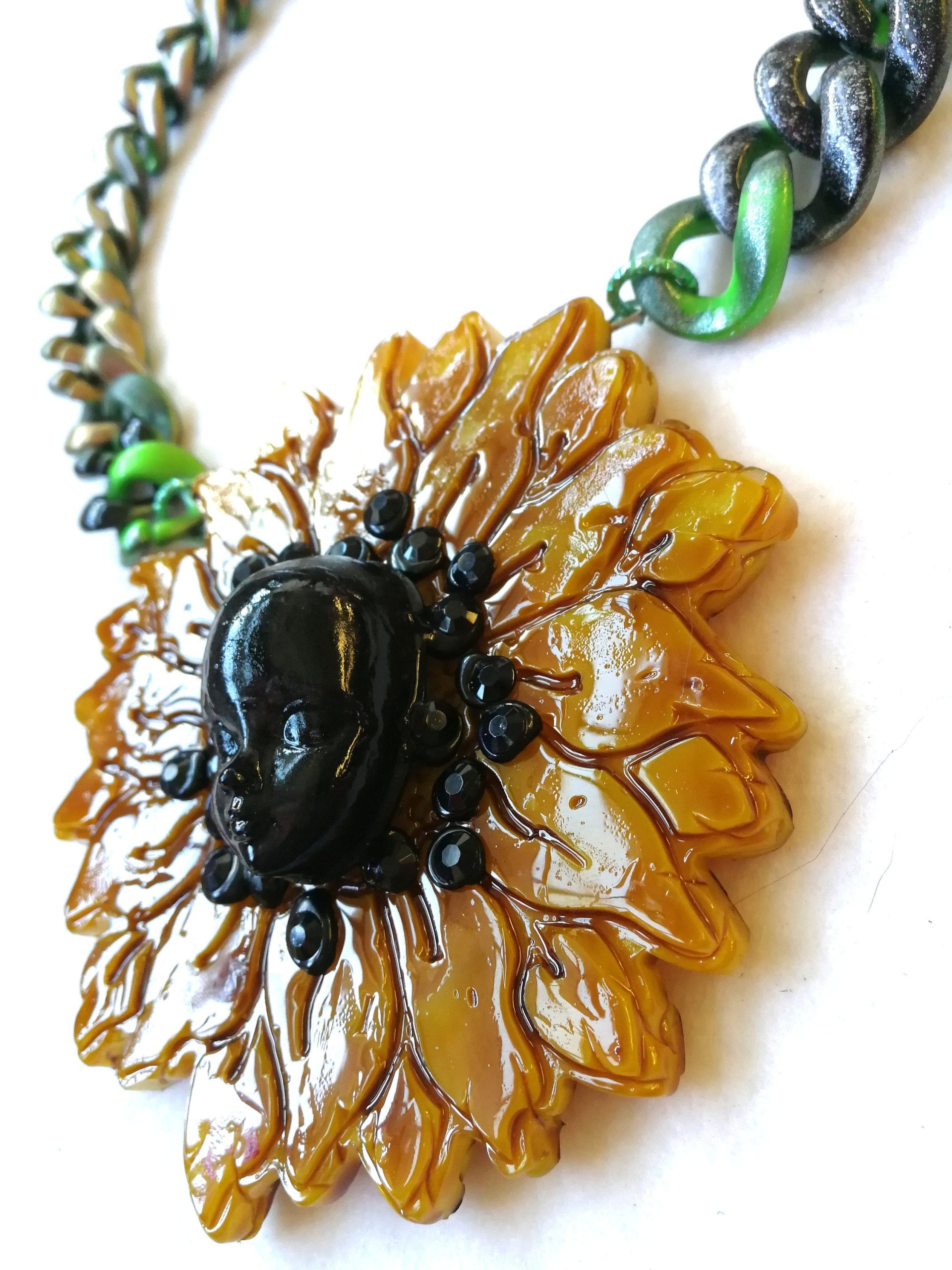 Sunflower Necklace and Bracelet Daisy Pendant, Floral Suit Set Jewelry, Sun Flower Brutalist Modernist