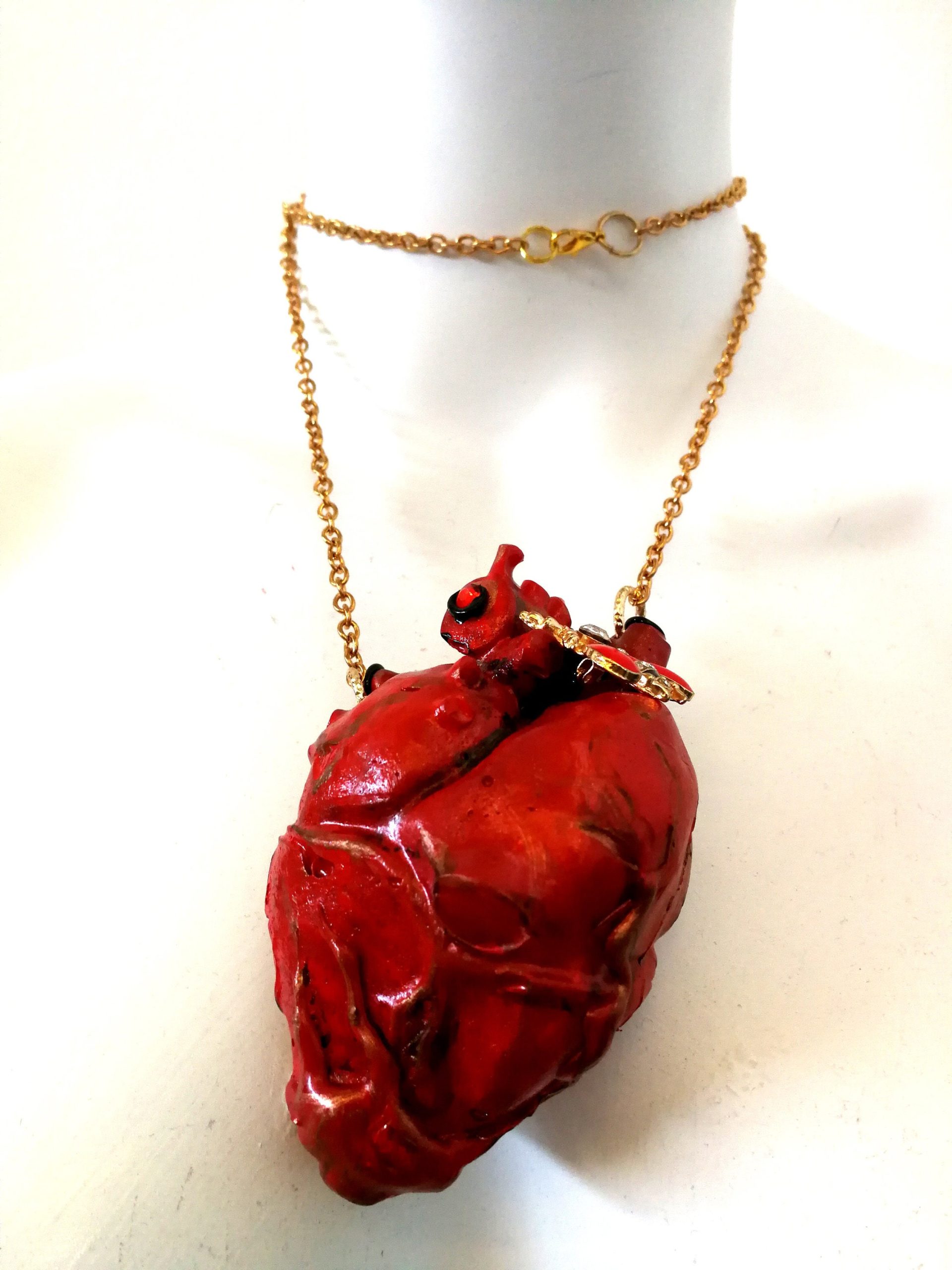 Anatomical Heart Red Necklace, Bee Nest Pendant Lucky Charm, Sculptural Statement Jewelry Choker Chain