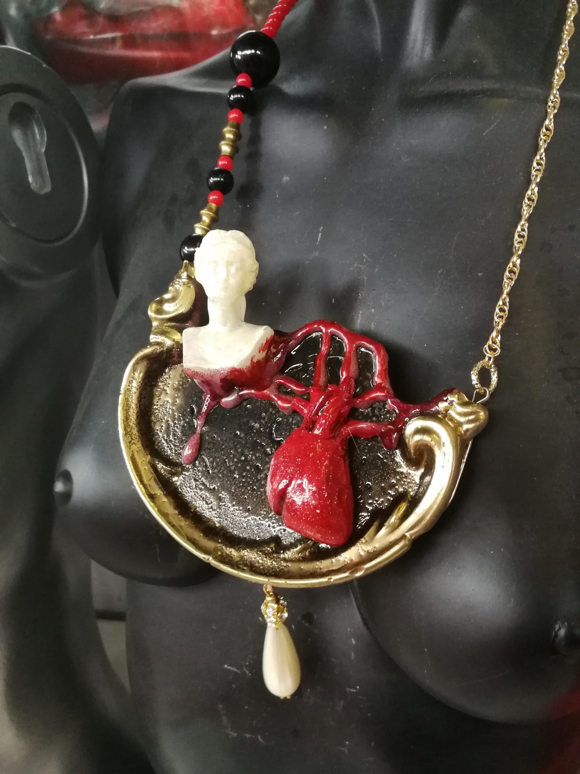 Brutalist Heart Pendant Necklace, Antique Statue, Pearl Jewelry