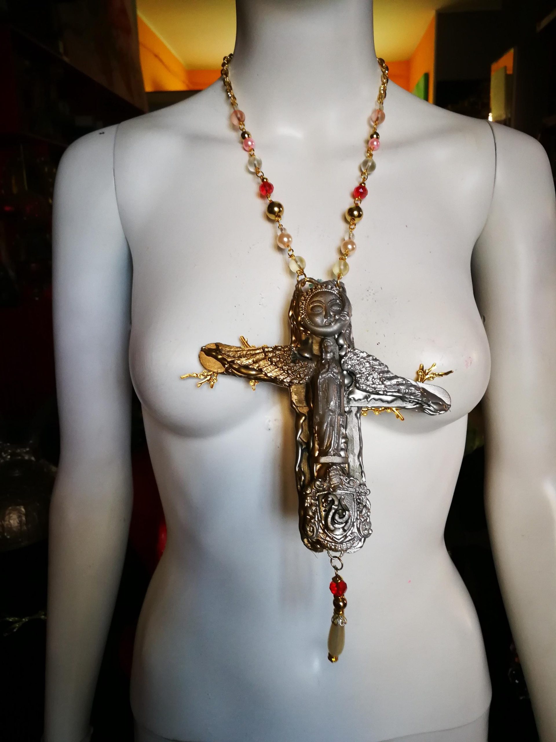 Baroque Virgin Mary Cross Pendant, Rococo Cherubim Bib Necklace