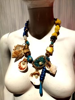 Puka Shell Necklace, Maximalist Design Luxury Statement Charm, Natural Seashell Conch Abalone & Ceramic Jewelry