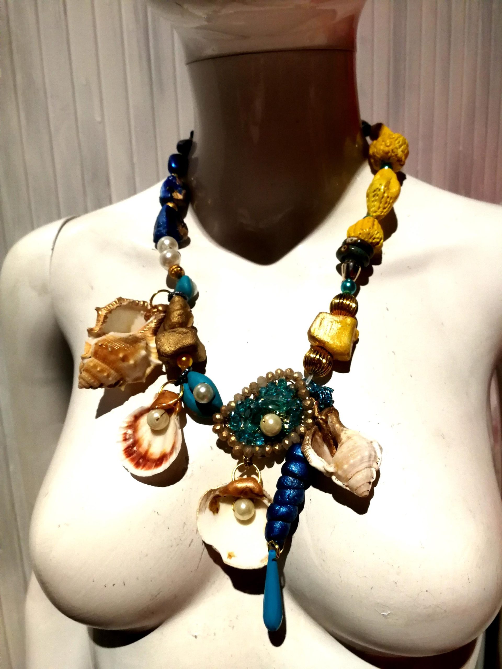 Puka Shell Necklace, Maximalist Design Luxury Statement Charm, Natural Seashell Conch Abalone & Ceramic Jewelry