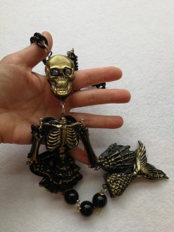Macabre Jewelry Dark Necklace, Skull Skeleton Pendant, Gothic Punk Jewellery, Creepy Hauted Siren Mermaid