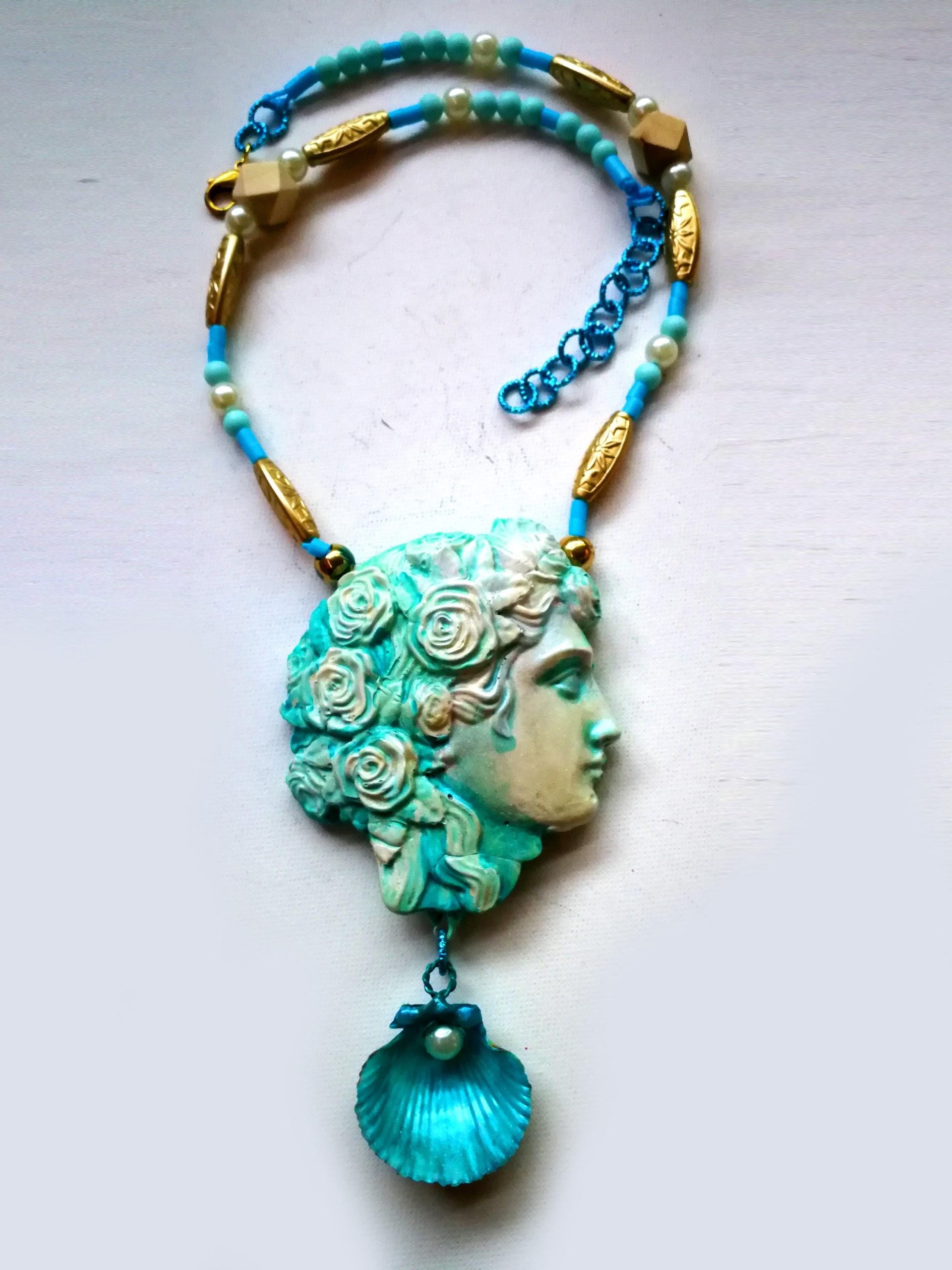 Greek Jewelry, Antique Mythology God Goddess Statue Sculpture Pendant, Big Bold Chunky Necklace Shell