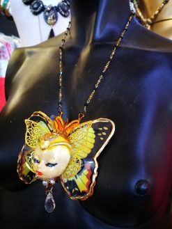 Butterfly Necklace, Doll Head Pendant Statement Jewelry, Sculptural Liberty Belle Epoque Golden Age Charm