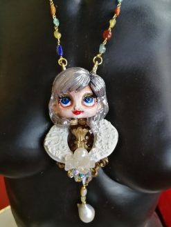 Art Deco Pendant - Statement Necklace Luxury Sculpted Doll, Natural Pearl Vintage Gemstone Couture Jewelry
