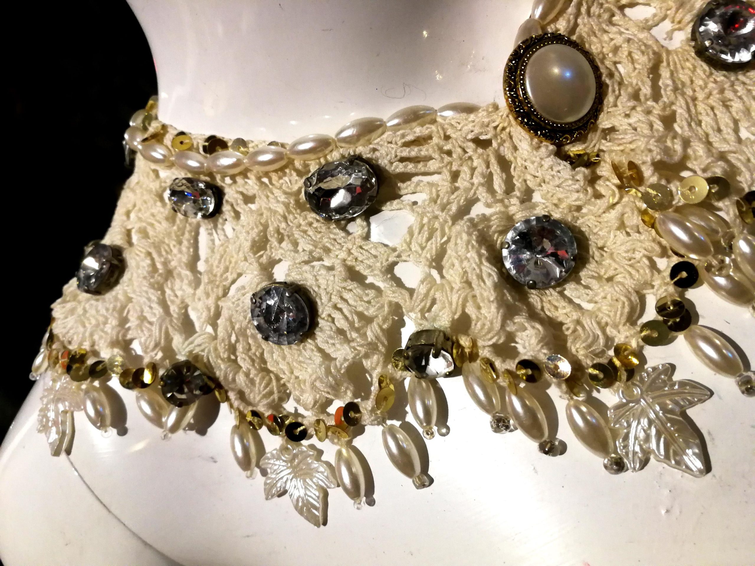 Wednesday Addams Macrame Collar Choker, Embroidered Lace Bib, Crystals & Pearls