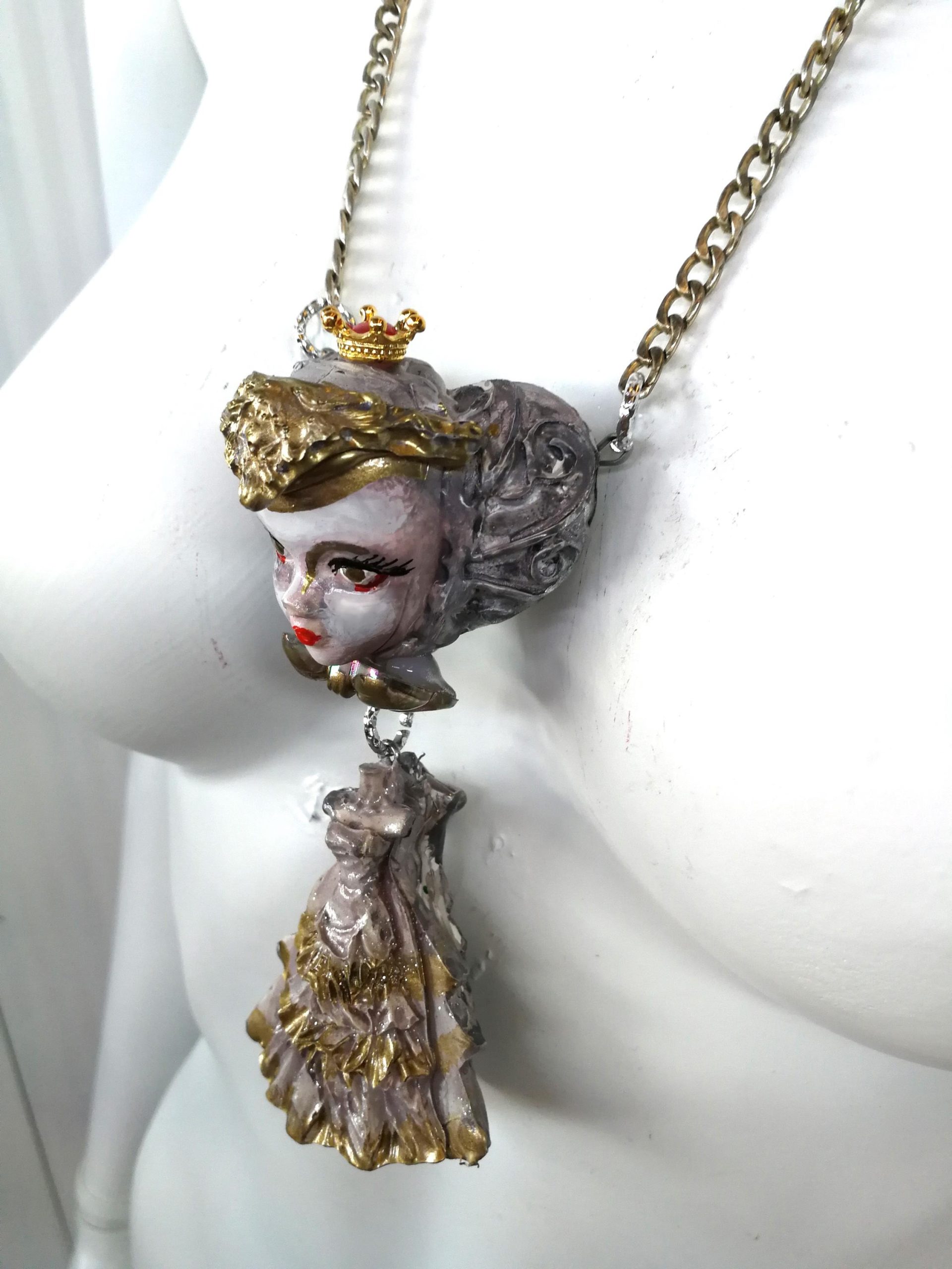 Art Deco Pendant Doll, Anastasia Romanov Russian Princess, Crown Locket Amulet Jewelry Vintage Chain