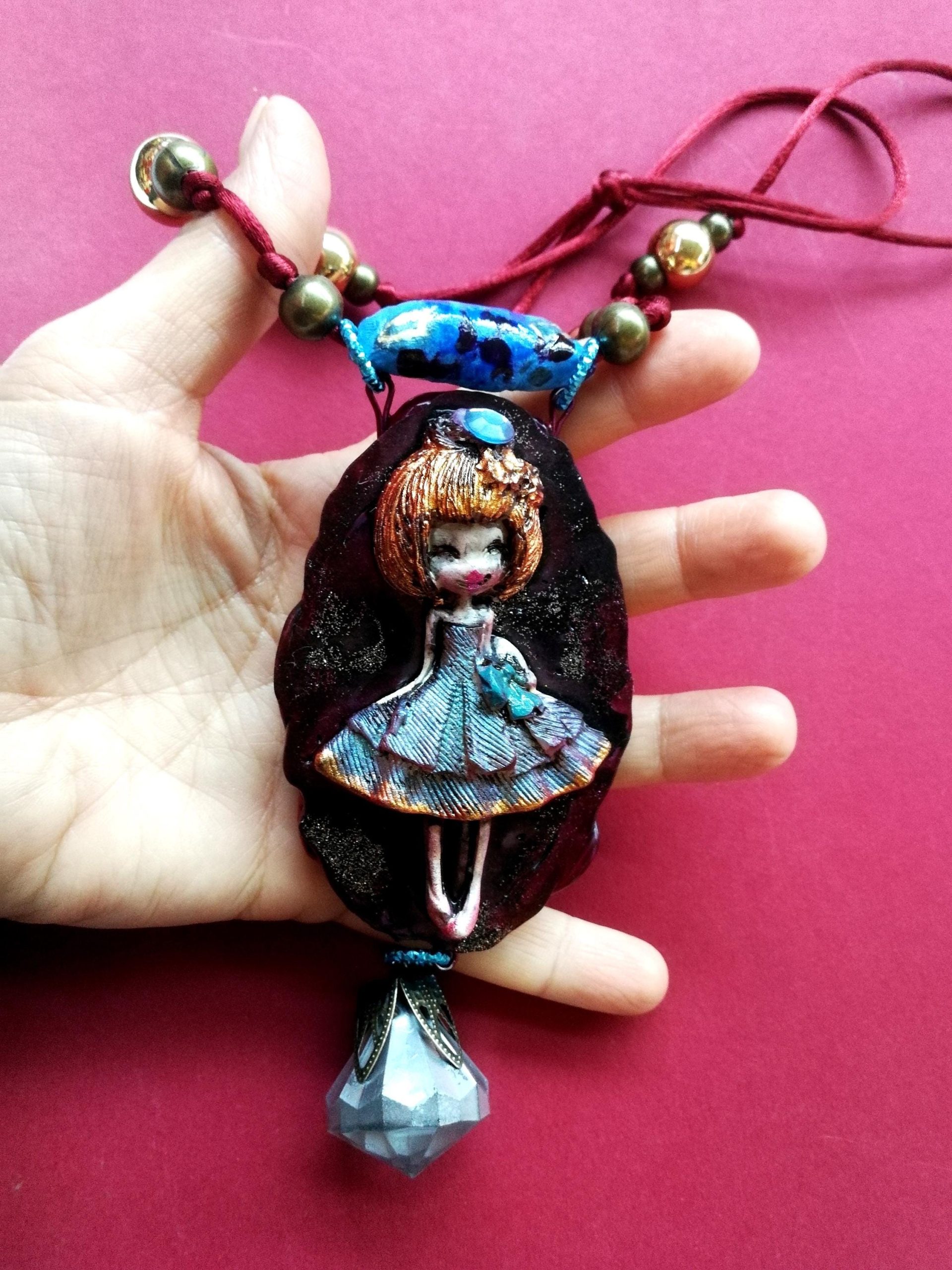 Polymer Clay Doll Pendant, Handmade Fantasy Beaded Necklace, Dolly Doom Collection OOAK Sculpture Necklace