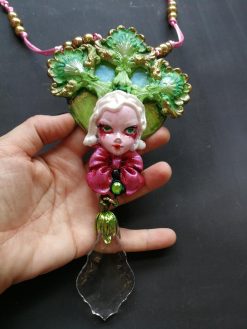 Statement Jewelry, Belle Epoque Sculpture Pendant, Four Leaf Clover Necklace Bib, Flower Crystal Charm