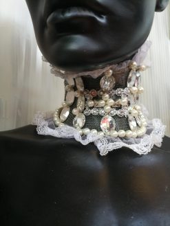 Marie Antoniette Choker, Embroidered Macrame Lace Jewelry, Silver Cameo Medallion Crystal Necklace Bib Collar