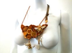 Statement Jewelry, Queen Bee Necklace Luxury Gold Bumble Honey Insect Pendant Sculptural Gemstone Charm