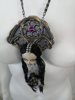 Gothic Necklace, Doll Head Sculpture Pendant, Wednesday Addams Goth Jewel Charm, Fairy Tale Jewelry