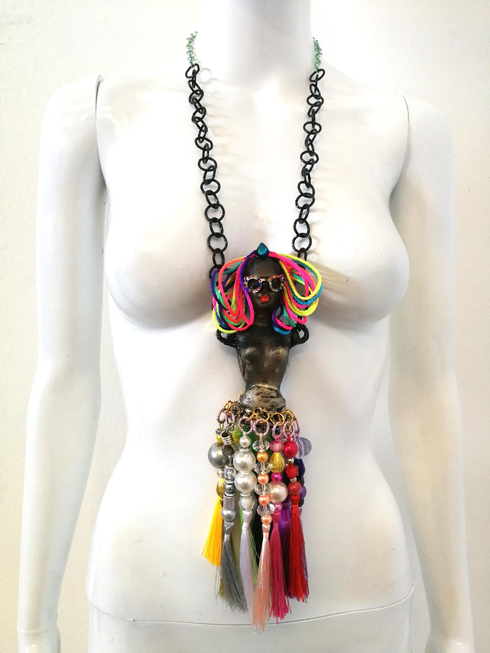 African American Doll Statement Necklace, Chunky Bold Sculpture Jewelry, Tassel Pendant Chain & Beaded Charm
