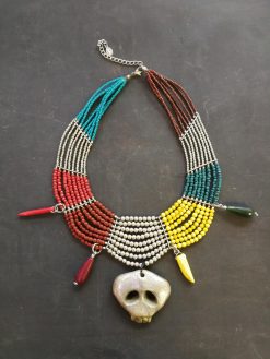 Mexican Jewelry, Ethnic Glamour Necklace, Whimsical Skull Pendant, Luxury Boho Charm Tribal Horn Gemstone