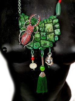 Scarab Beetle Pendant, Insect Necklace Forest, Maximalist Luxury Statement Jewelry Bib Tassel Charm Stone