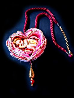 Art Nouveau Necklace, Peony Flowers Heart Pendant, Doll Child Baby Newborn Slepping, Jewelry Charms
