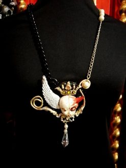 Angel and Demon Pendant, Vintage Doll Necklace, Devil Horn Jewelry, Winged Cherub Beaded Charm