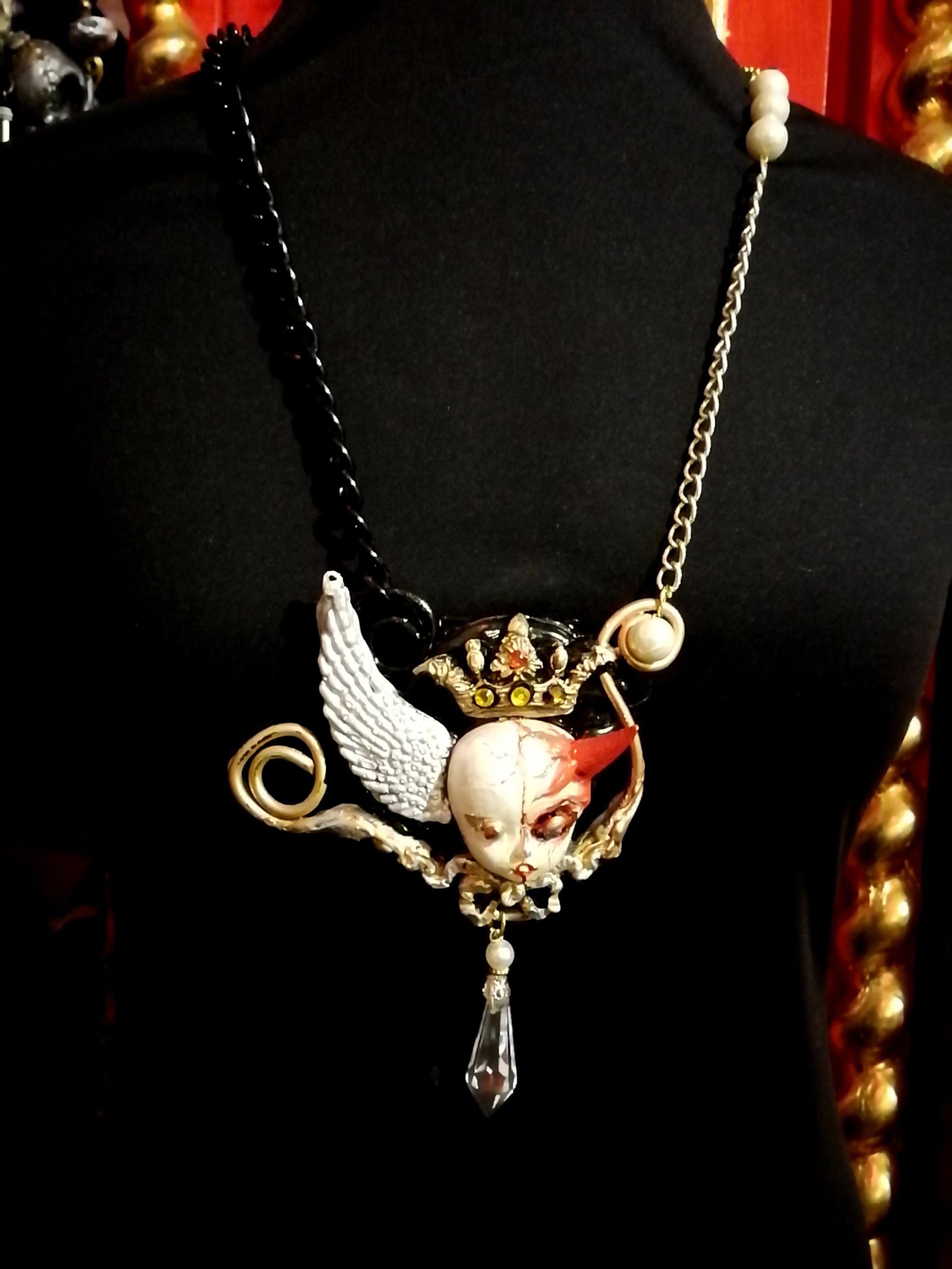 Angel and Demon Pendant, Vintage Doll Necklace, Devil Horn Jewelry, Winged Cherub Beaded Charm