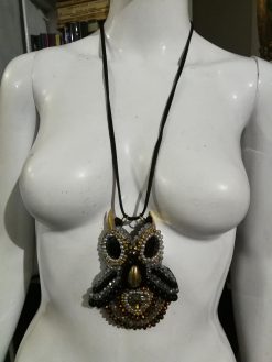 Owl Pendant, Statement Jewelry Nocturnal Bird Gothic Necklace, Embroidered Pendant Beaded Pearl Crystal Charm